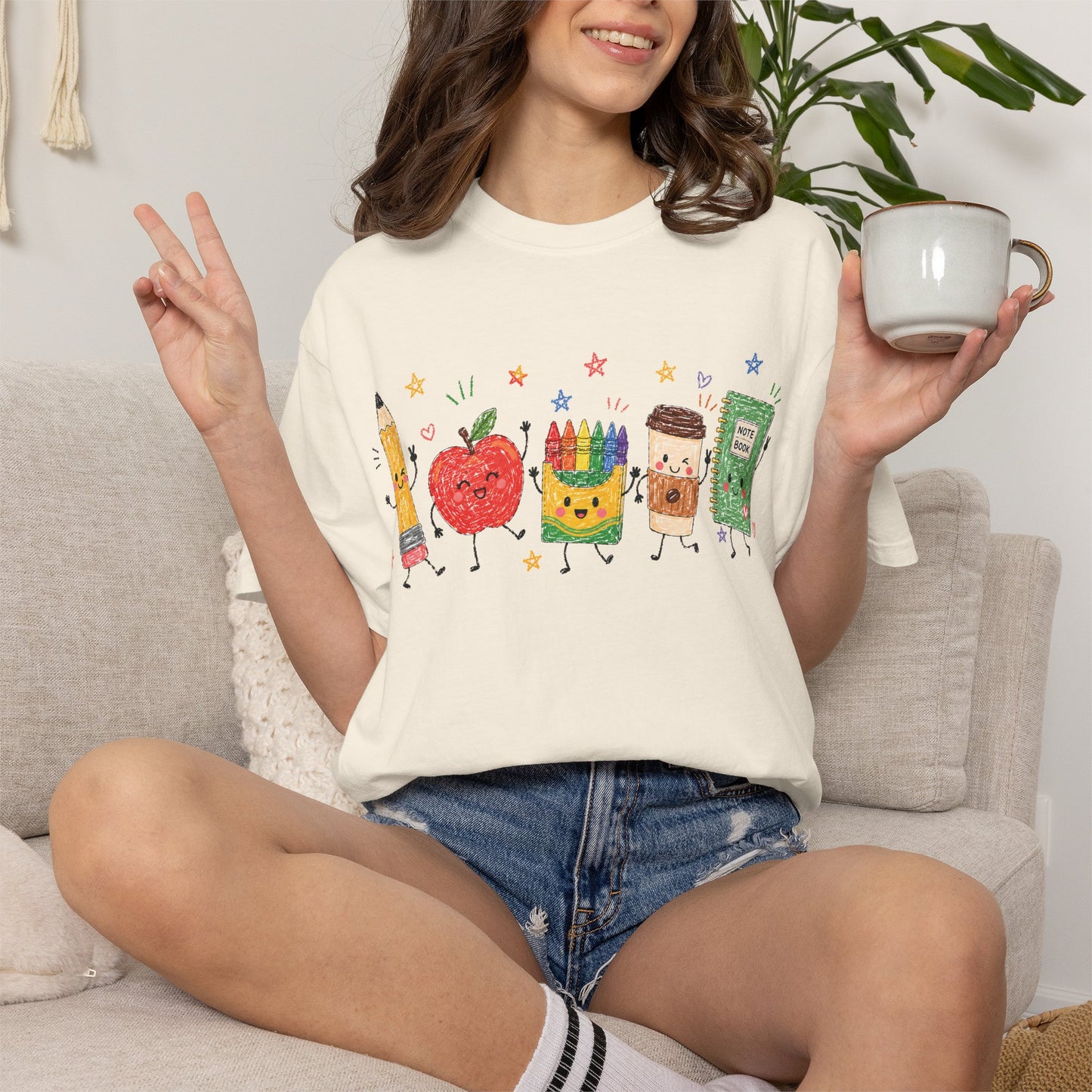 Cute Pencil, Apple & Crayon Characters Back-to-School Tee