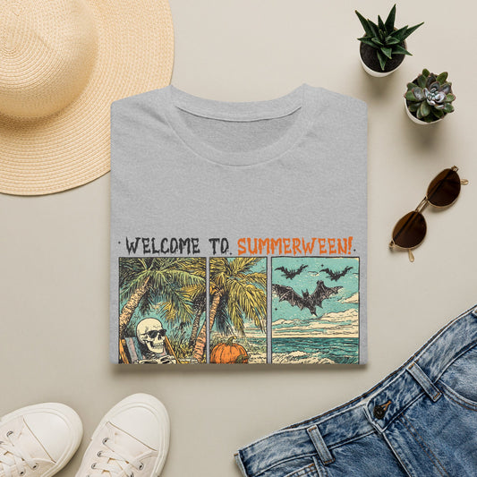 Summerween T-Shirt — "Welcome to Summerween!" Retro Skull, Pumpkin & Bats Graphic Tee