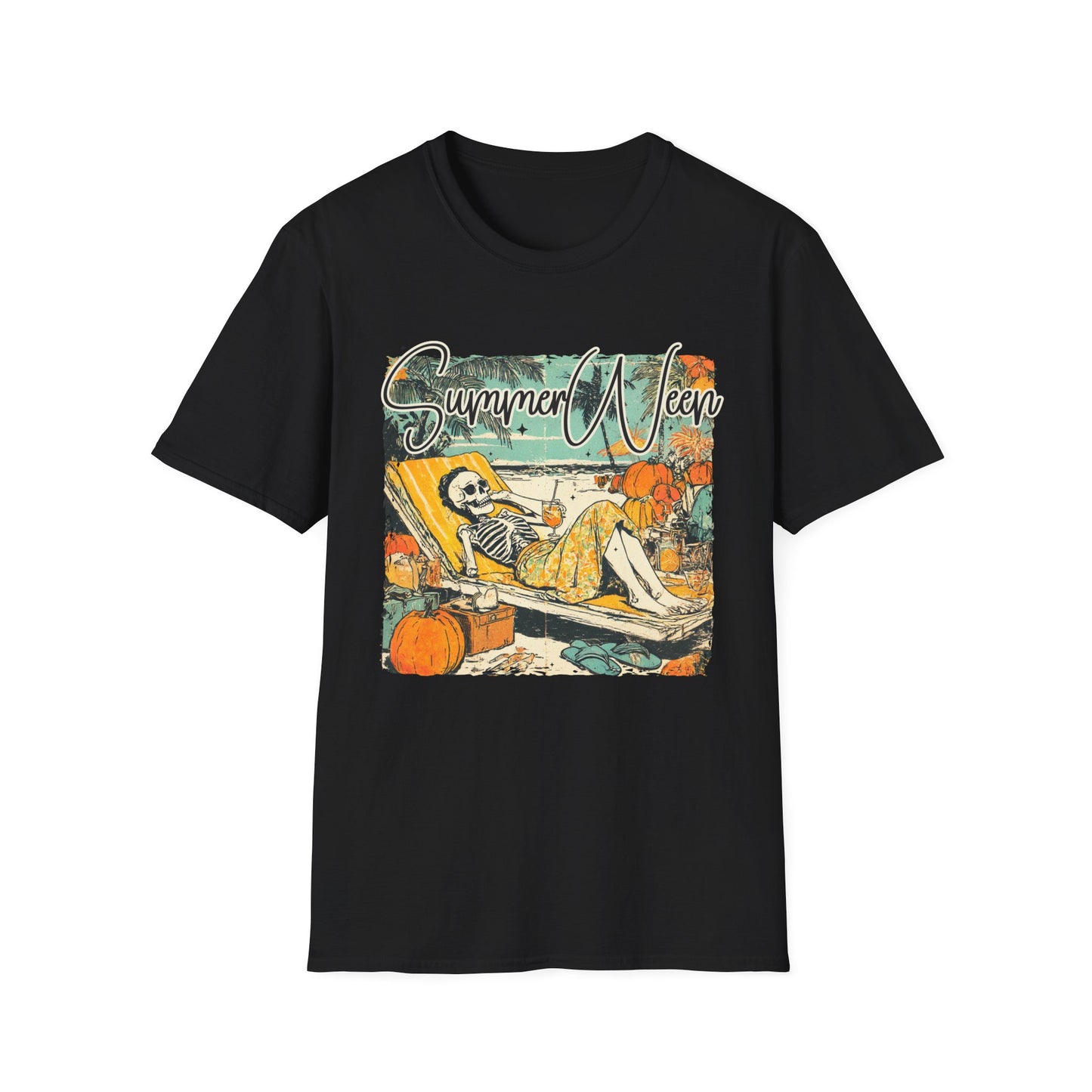 Summerween T-Shirt — Vintage Skeleton Beach Pumpkin Graphic Tee