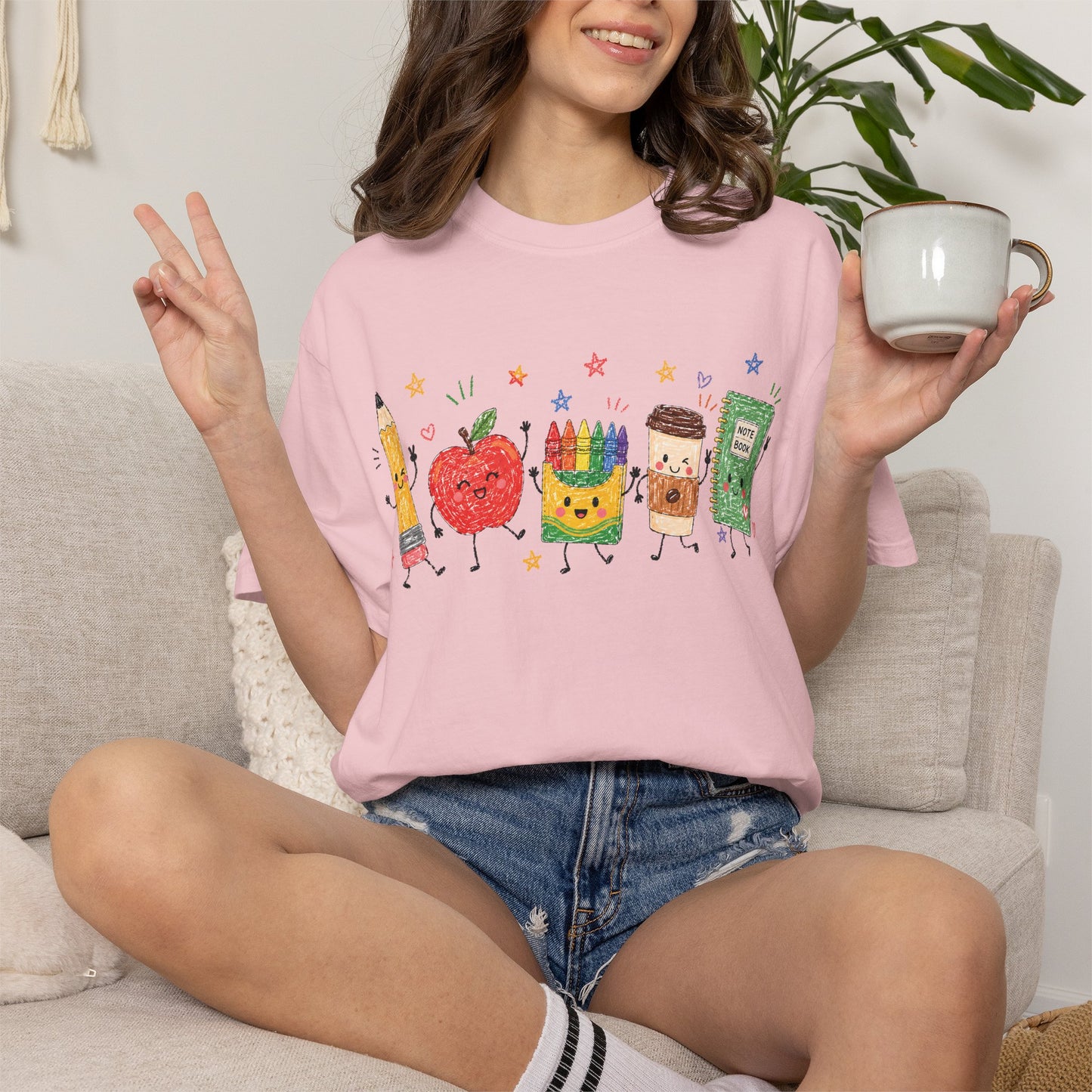 Cute Pencil, Apple & Crayon Characters Back-to-School Tee