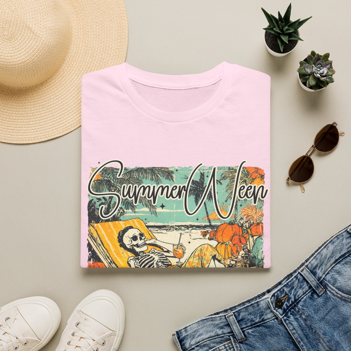 Summerween T-Shirt — Vintage Skeleton Beach Pumpkin Graphic Tee