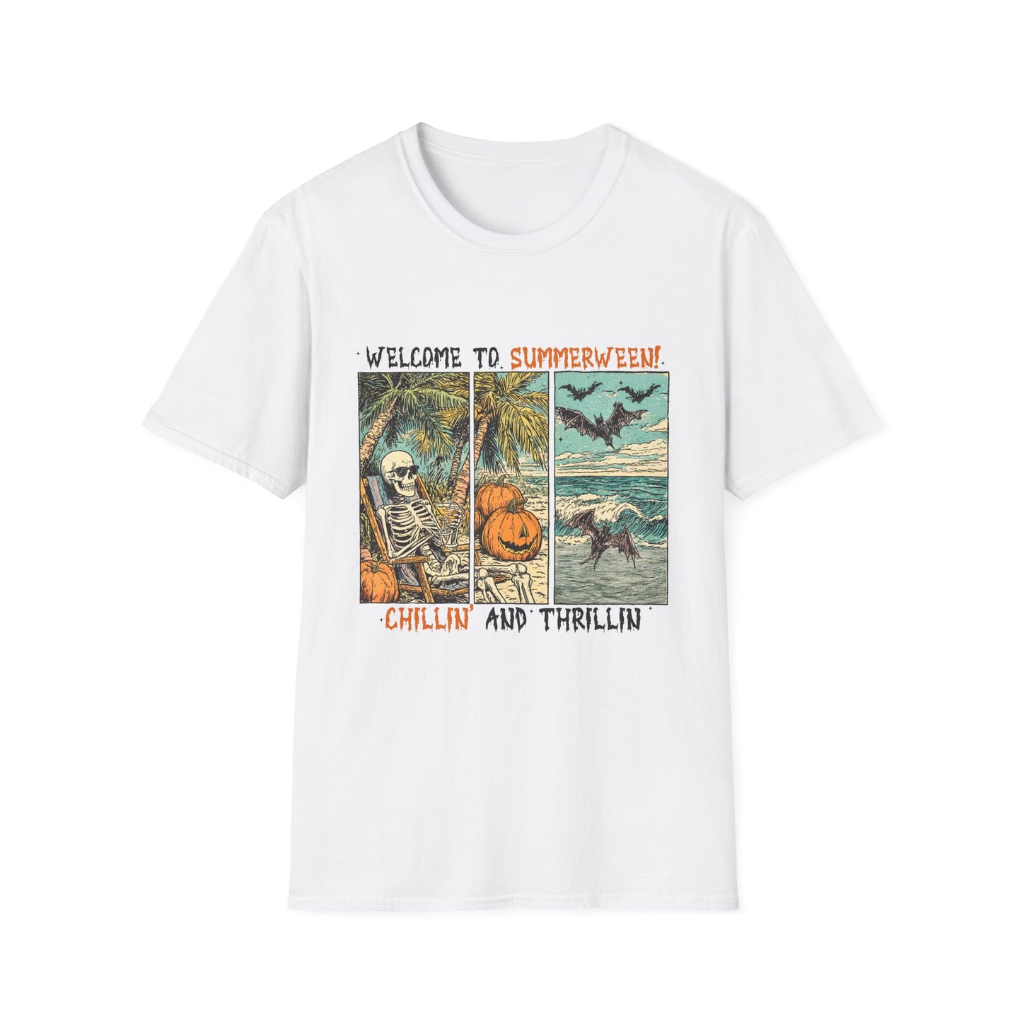 Summerween T-Shirt — "Welcome to Summerween!" Retro Skull, Pumpkin & Bats Graphic Tee