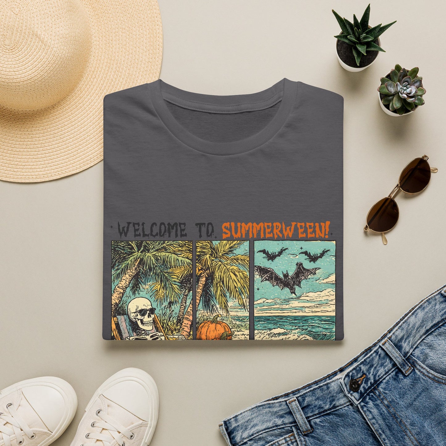 Summerween T-Shirt — "Welcome to Summerween!" Retro Skull, Pumpkin & Bats Graphic Tee