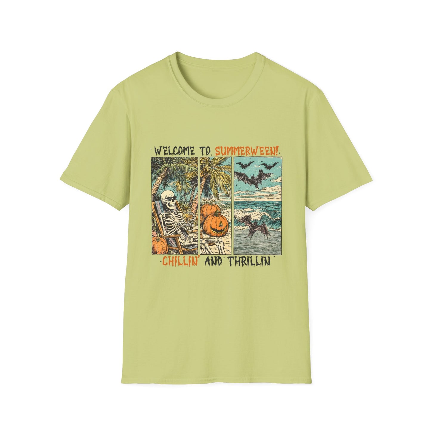 Summerween T-Shirt — "Welcome to Summerween!" Retro Skull, Pumpkin & Bats Graphic Tee