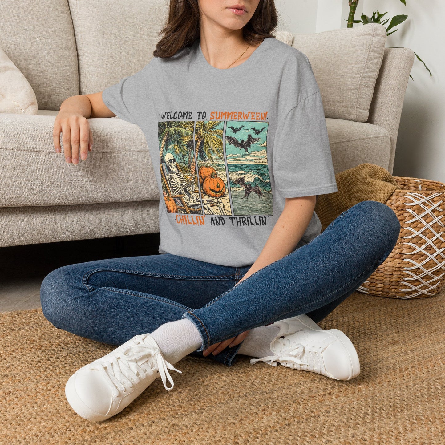 Summerween T-Shirt — "Welcome to Summerween!" Retro Skull, Pumpkin & Bats Graphic Tee