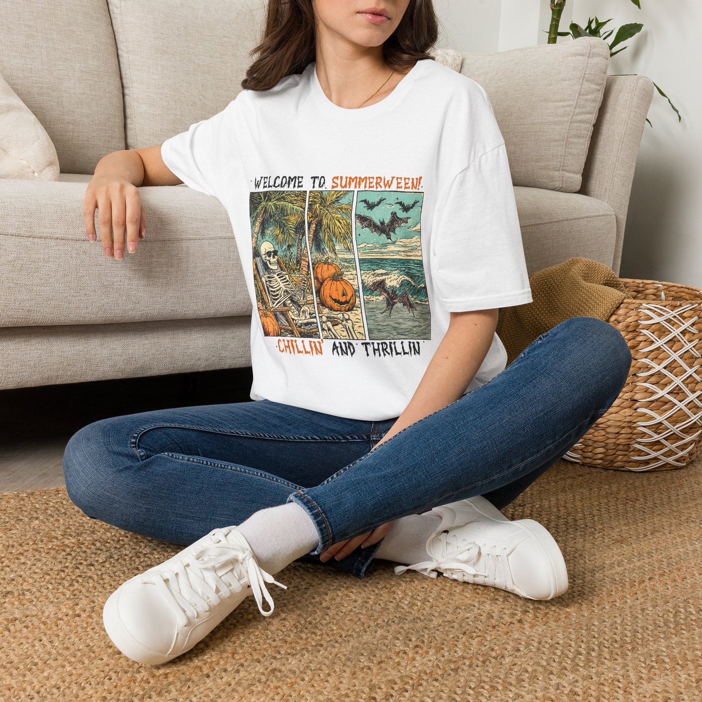 Summerween T-Shirt — "Welcome to Summerween!" Retro Skull, Pumpkin & Bats Graphic Tee