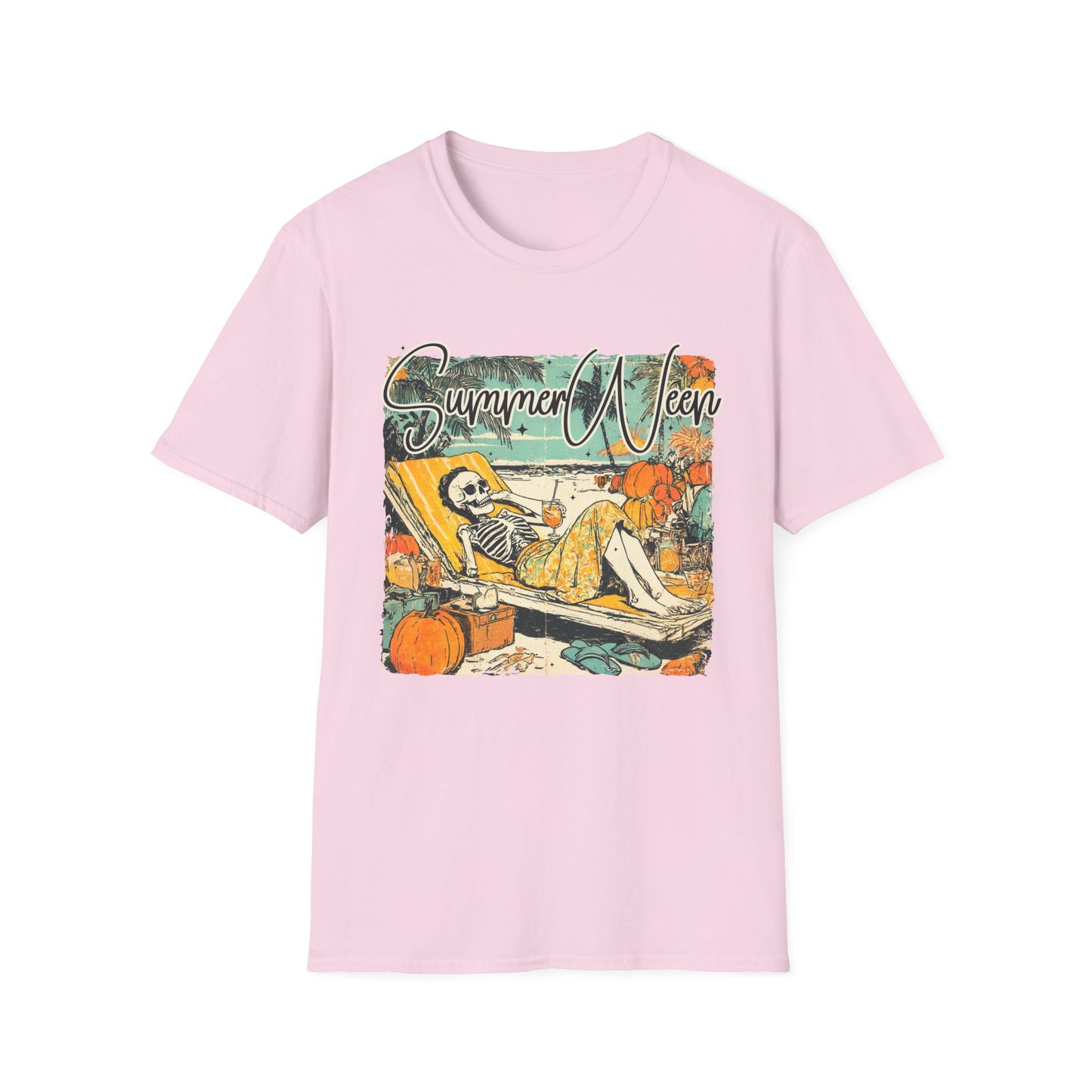 Summerween T-Shirt — Vintage Skeleton Beach Pumpkin Graphic Tee