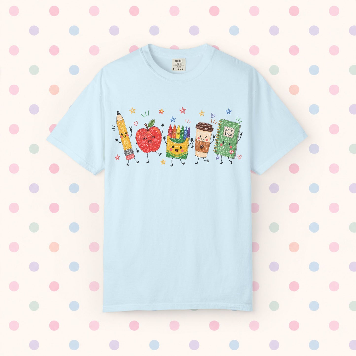 Cute Pencil, Apple & Crayon Characters Back-to-School Tee