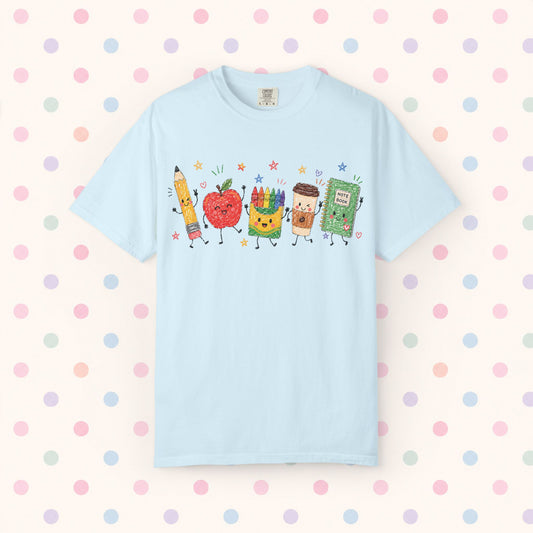 Cute Pencil, Apple & Crayon Characters Back-to-School Tee