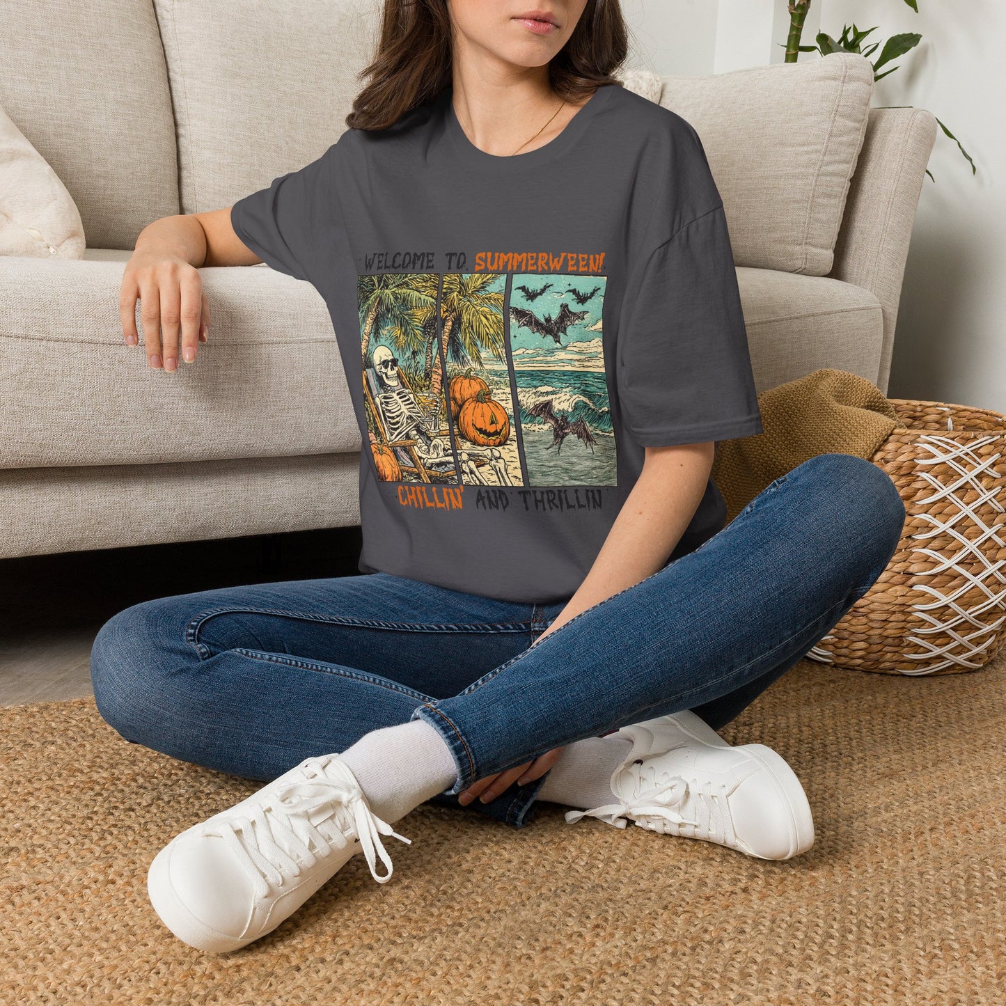 Summerween T-Shirt — "Welcome to Summerween!" Retro Skull, Pumpkin & Bats Graphic Tee