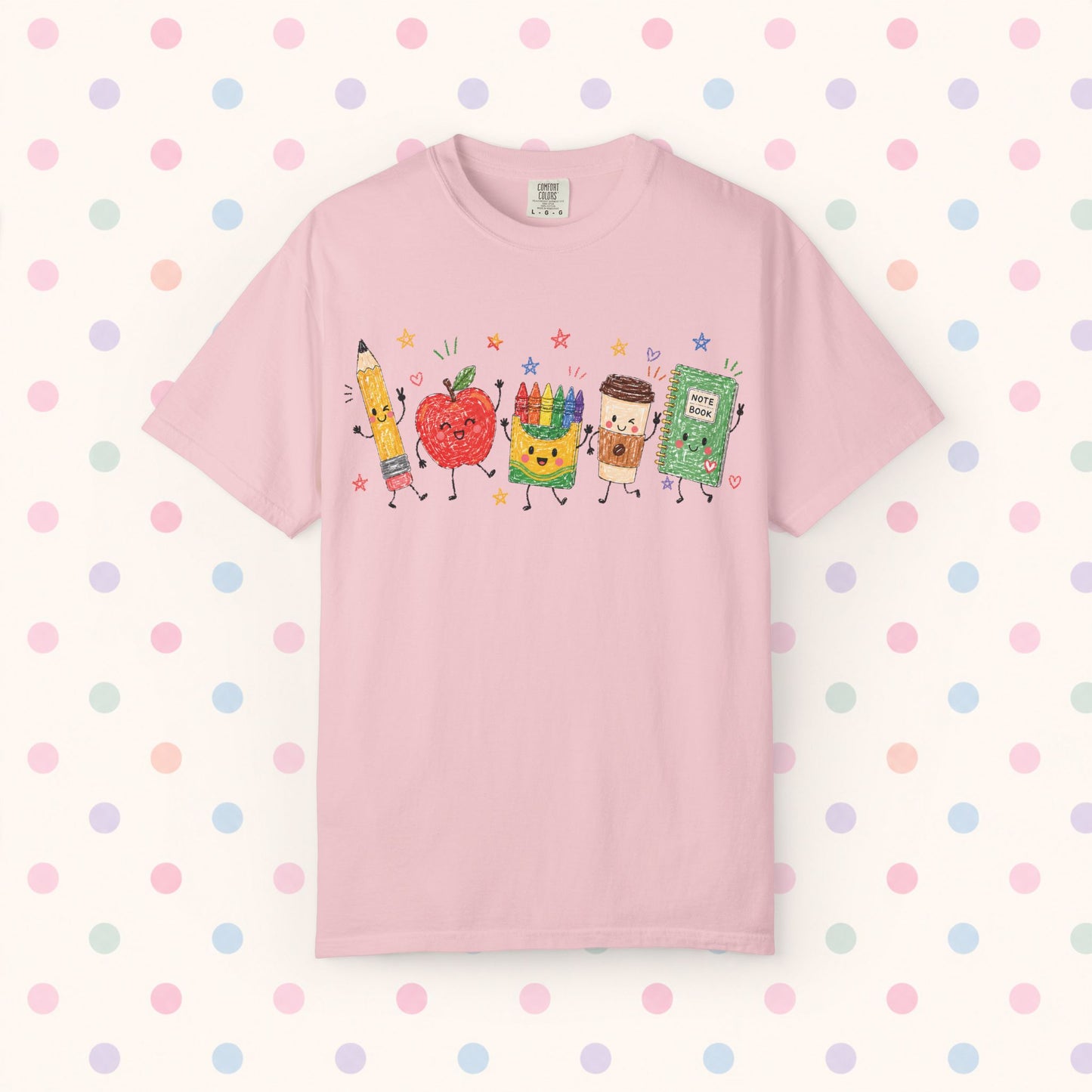 Cute Pencil, Apple & Crayon Characters Back-to-School Tee