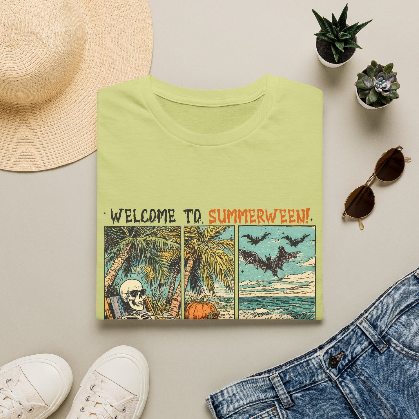 Summerween T-Shirt — "Welcome to Summerween!" Retro Skull, Pumpkin & Bats Graphic Tee