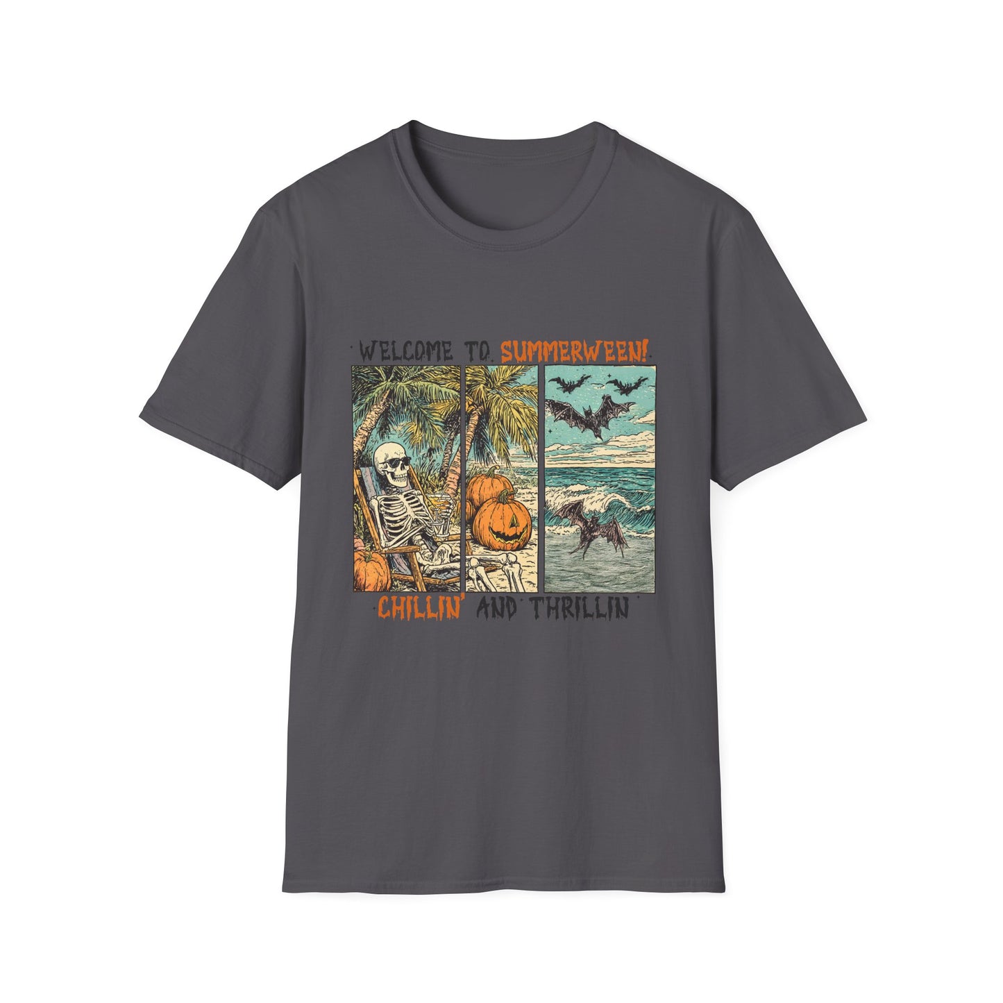 Summerween T-Shirt — "Welcome to Summerween!" Retro Skull, Pumpkin & Bats Graphic Tee