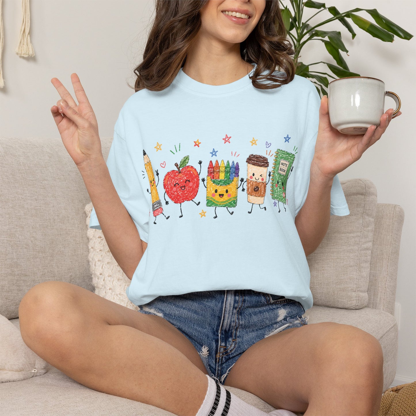 Cute Pencil, Apple & Crayon Characters Back-to-School Tee