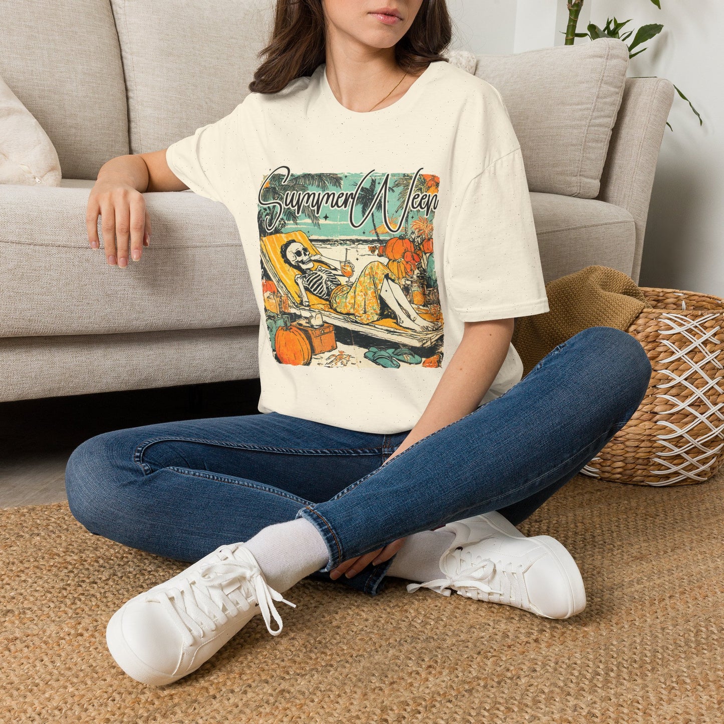 Summerween T-Shirt — Vintage Skeleton Beach Pumpkin Graphic Tee