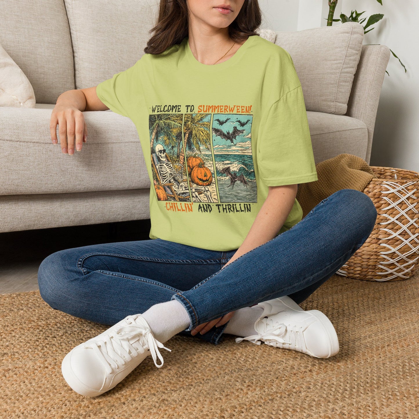 Summerween T-Shirt — "Welcome to Summerween!" Retro Skull, Pumpkin & Bats Graphic Tee