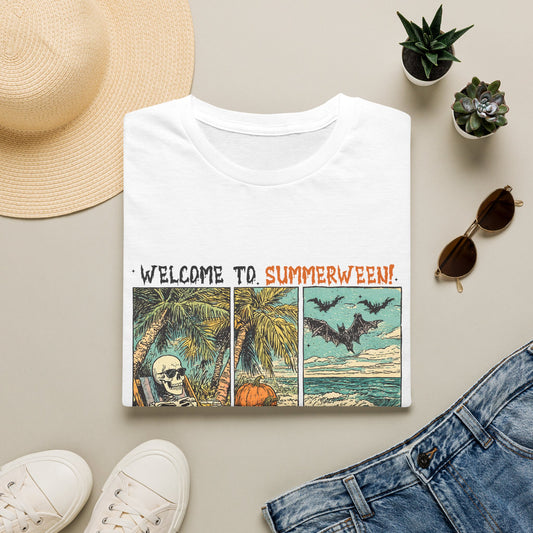 Summerween T-Shirt — "Welcome to Summerween!" Retro Skull, Pumpkin & Bats Graphic Tee