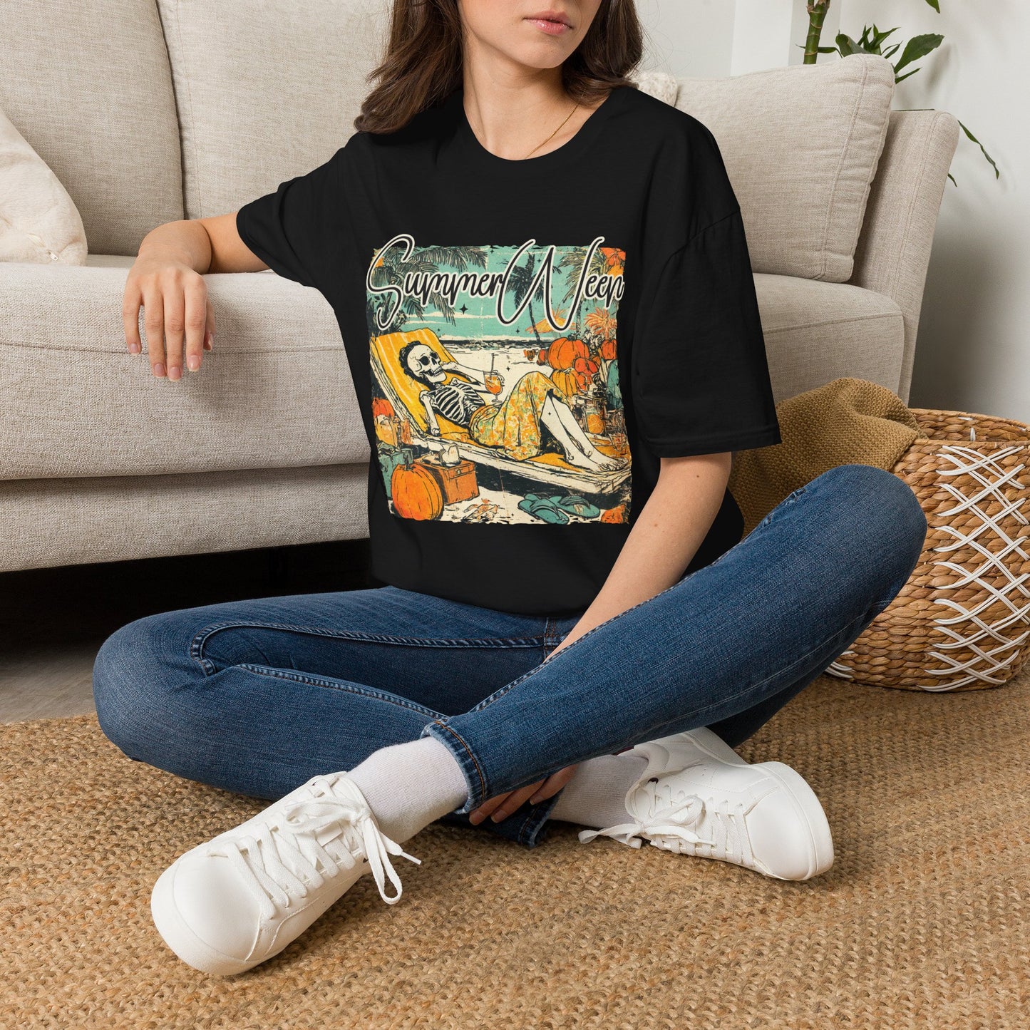 Summerween T-Shirt — Vintage Skeleton Beach Pumpkin Graphic Tee