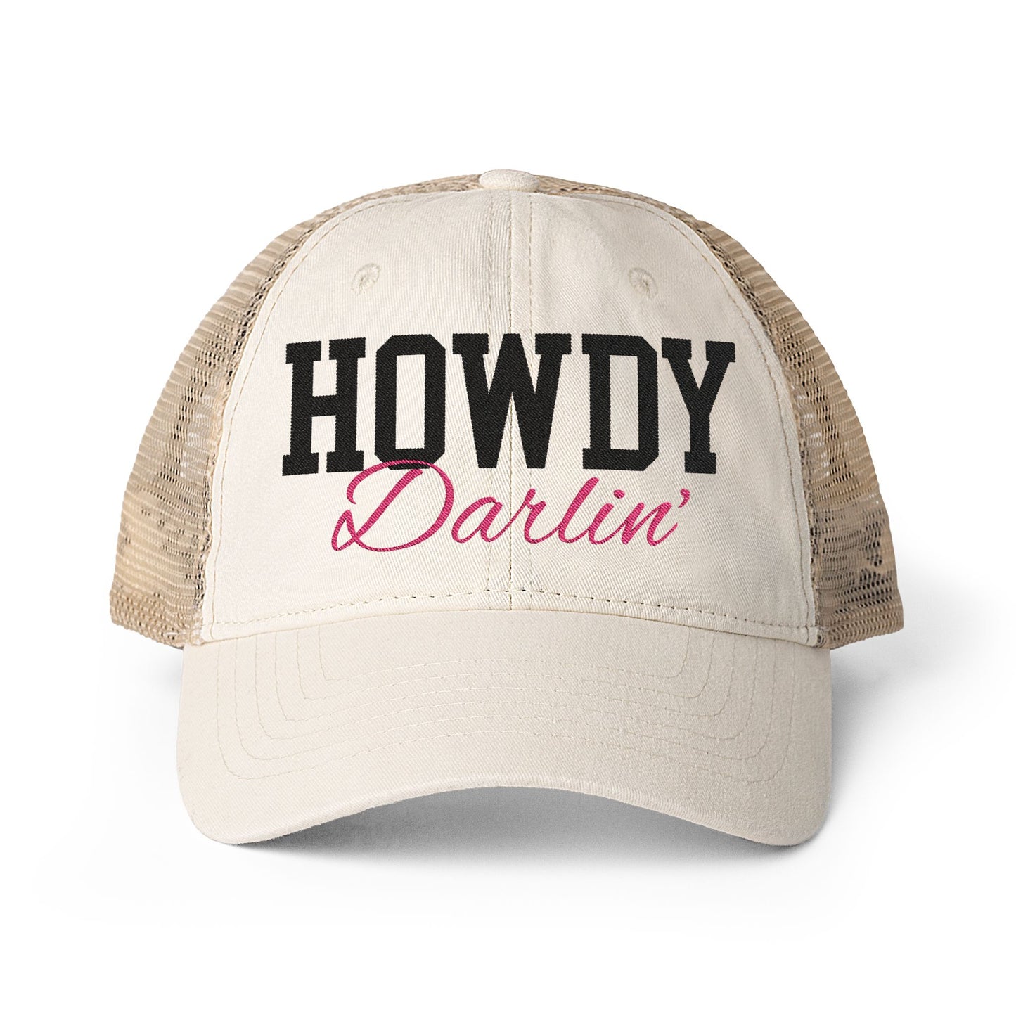 Embroidered Howdy Darlin' Washed Mesh-Back Cap Wirh Longhorn Print