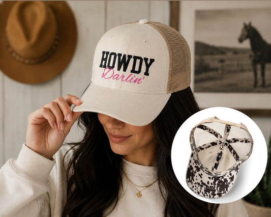 Embroidered Howdy Darlin' Washed Mesh-Back Cap Wirh Longhorn Print