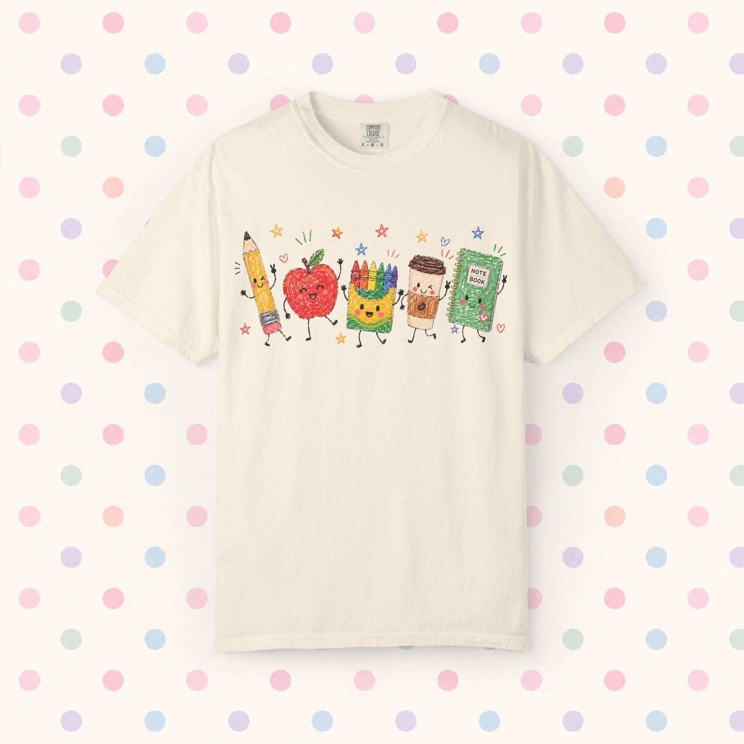 Cute Pencil, Apple & Crayon Characters Back-to-School Tee