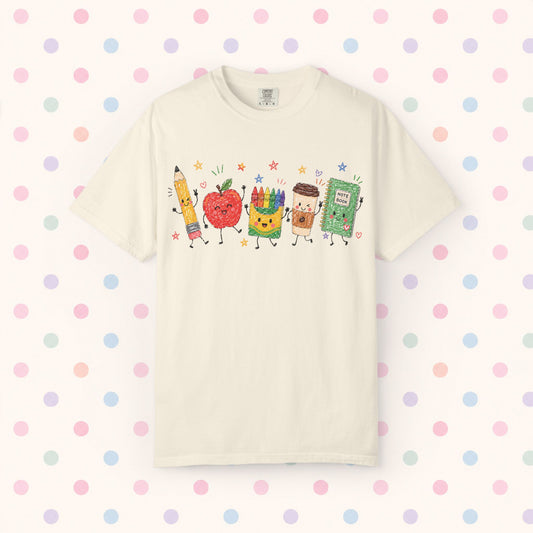 Cute Pencil, Apple & Crayon Characters Back-to-School Tee