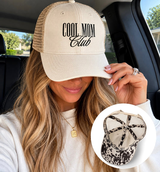 Embroidered Cool Mom Club Washed Mesh-Back Cap with Longhorn Print