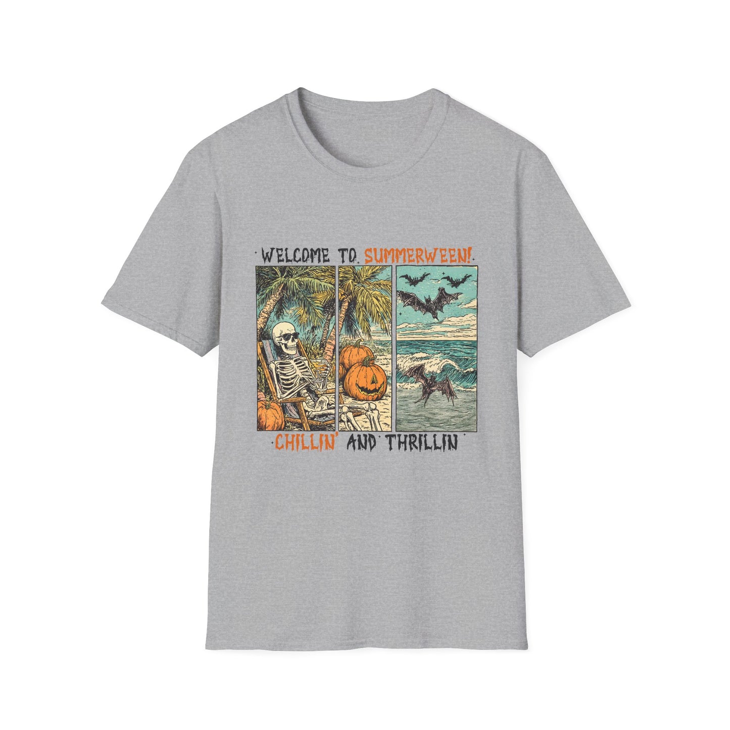 Summerween T-Shirt — "Welcome to Summerween!" Retro Skull, Pumpkin & Bats Graphic Tee